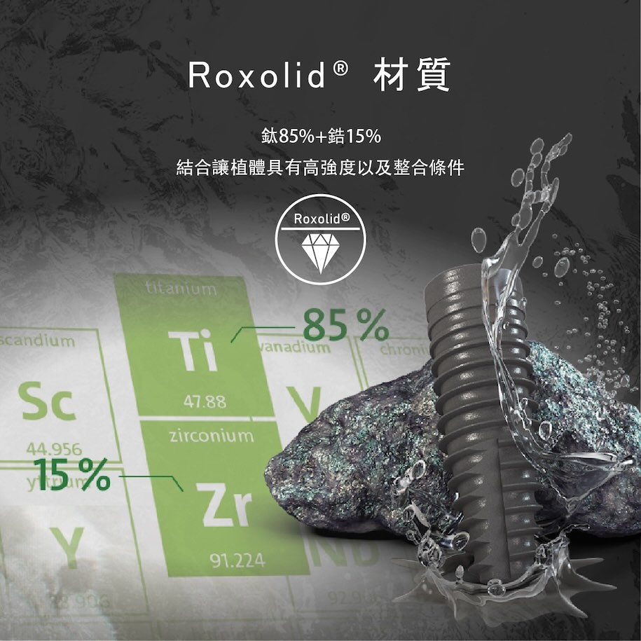 Straumann BLX植體使用Roxolid材料製成，85%鈦+15%鋯結合，使植體具有更高強度和骨整合特性