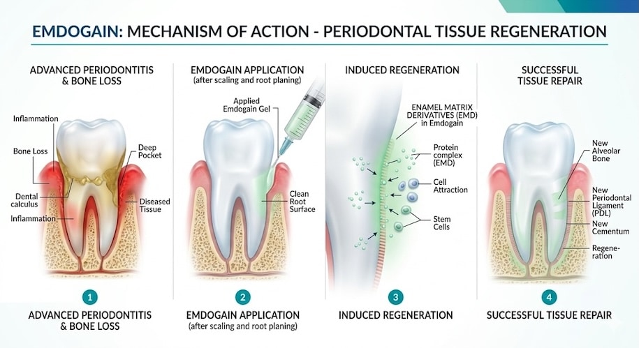 牙周再生凝膠 Emdogain 作用機制示意圖,從牙周病骨流失到誘導牙周組織再生與修復過程