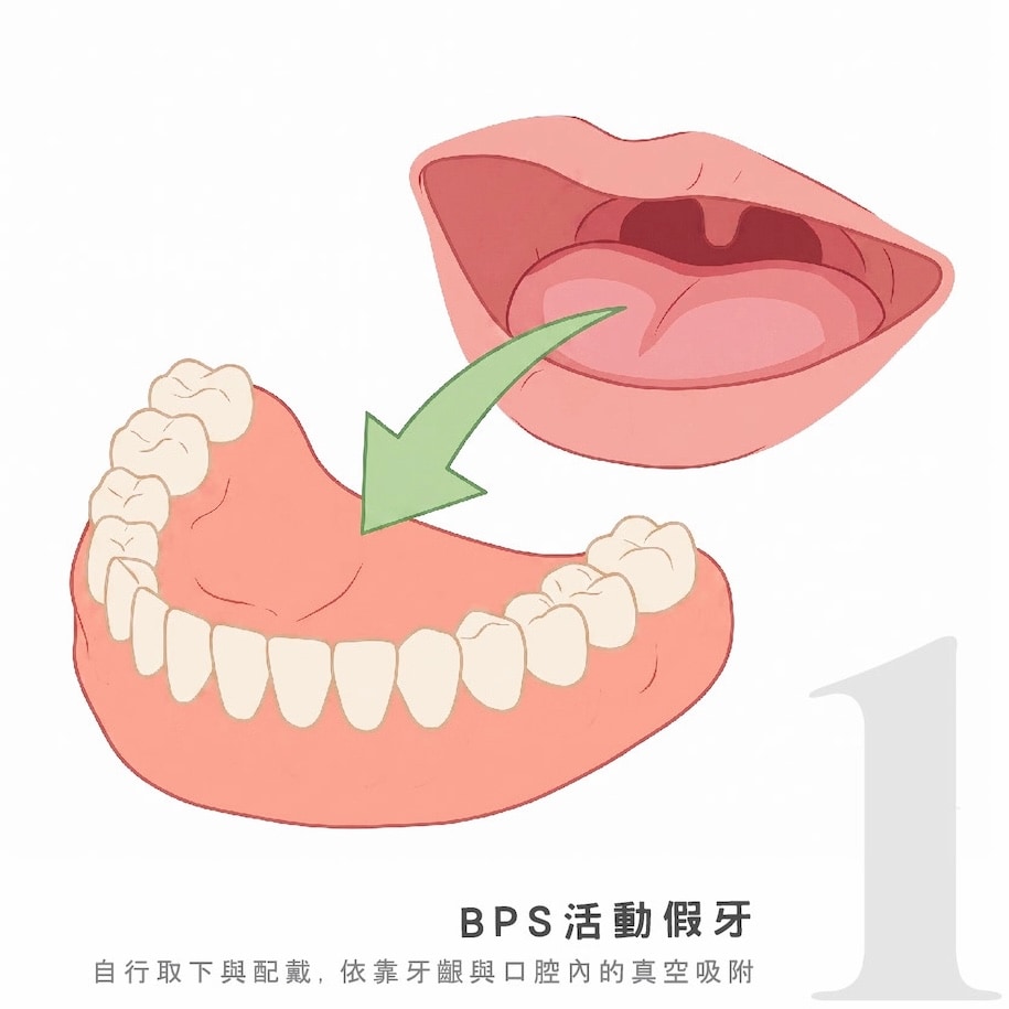 BPS吸附式活動假牙依靠口腔真空吸附示意圖