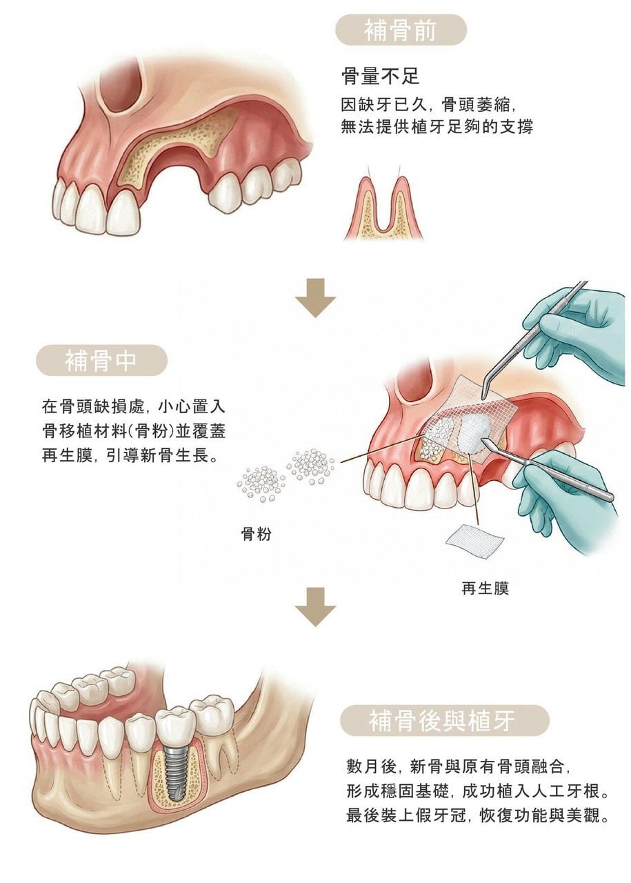 植牙補骨粉流程示意圖,說明齒槽骨不足時如何補骨重建